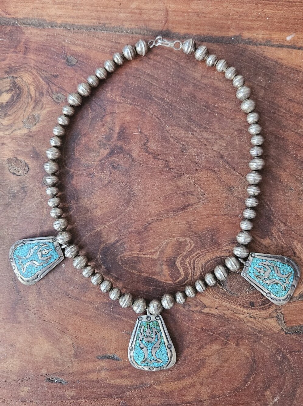 Old Pawn Native American Crushed Turquoise Sterling Silver Choker Necklace